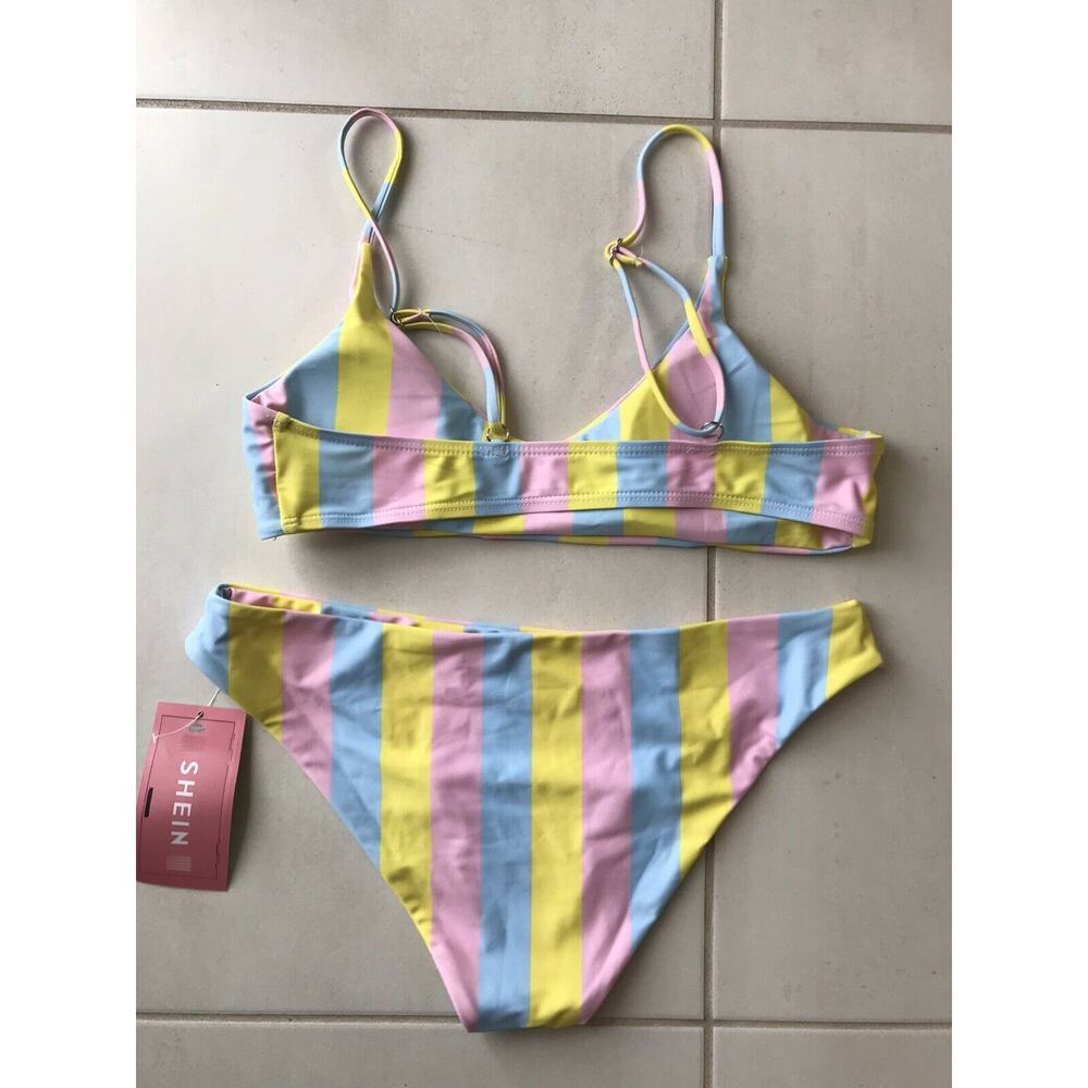 Shein Swim Women M Bikini Swimsuit Multicolor Striped Padded Bra Swimwear NWT - Picture 4 of 12